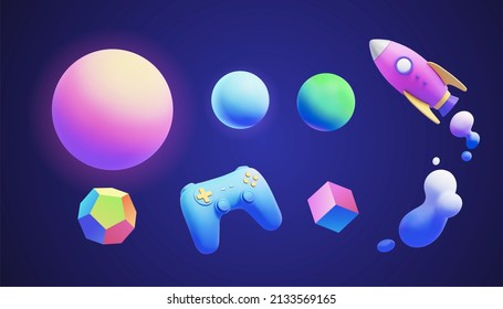 3d Futuristic Neon Gradient Object Collection, Including Sphere, Space Rocket, Game Controller, Polyhedron, Cube And Fluid Bubbles.