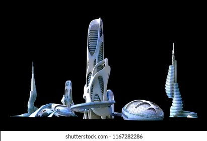 3D futuristic sci-fi city architecture with organic skyscrapers and buildings isolated on black, with the work path included in the file, for science fiction or fantasy backgrounds.