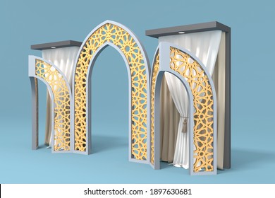 3d gate entrance ornament decoration cutting frame with double wing backdrop curtain and downlight for event wedding. High resolution image illustration isolated.