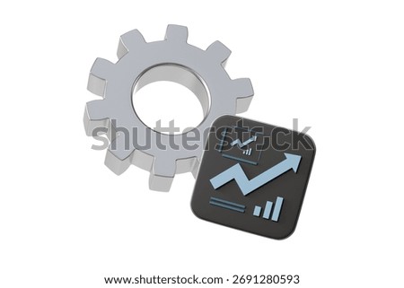 3d gear with analytics chart icon. process optimization concept. Minimal cartoon gear cog settings analytics chart for SaaS banner and app icon. isolated on white background. 3d render.