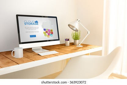 3d generated minimalist workspace with cloud storage computer screen computer and copyspace. 3d illustration. all screen graphics are made up.