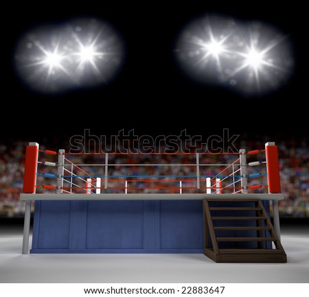 A 3d generated professional boxing ring empty showiing audence in back.