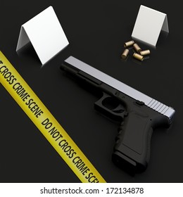 3d Generic Gun At Crime Scene With Police Tape On Dark Background