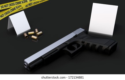 3d Generic Gun At Crime Scene With Police Tape On Dark Background