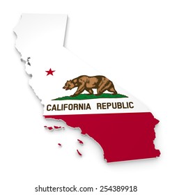 3D geographic outline map of California with the state flag