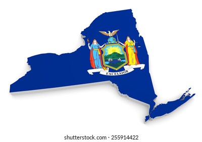 3D geographic outline map of New York with the state flag