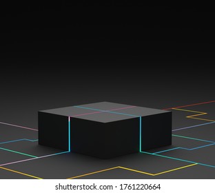 3d Geometric Forms. Black Box Podium With Neon Light In Dark Theme. Minimal Scene For  Product Display. Abstract Background For Cosmetic Advertising.