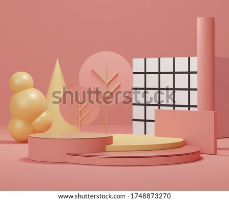 3d geometric forms. Cylinder podium in coral pink color. Fashion show stage,pedestal, shopfront with colorful theme. Minimal scene for  product display. Abstract background for cosmetic advertising.