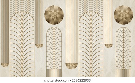 3d geometric pattern artistic background wall. 3d modern minimalist mural wallpaper. brown  lines, and golden circles on light marble background. Interior bedroom wall home decor and carpet design