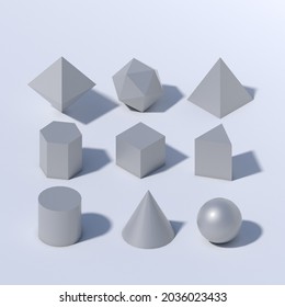 3d Geometric Shapes. Cube, Prism, Pyramid, Tetrahedron, Polyhedron, Sphere, Cylinder, Cone, Solids Isolated On A White Background.