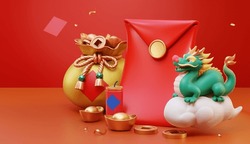 3D Giant Red Envelope Surrounded By Dragon On Cloud, Fortune Bag And CNY Decors On Red Background.