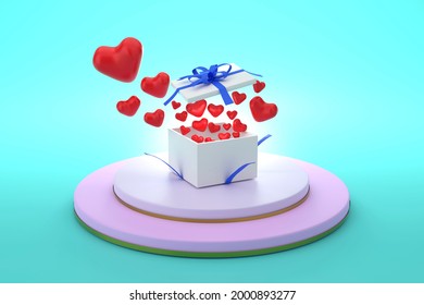 3D. A gift box with an open lid located on the podium and flying hearts. Concept of love and giving: Valentine's Day, Father's Day, New Year's Day, New Year's Day