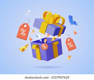 3d gift box with sale vouchers. Shopping referral program great discount sale background. 3D holiday surprise bonus offer illustration - Powered by Shutterstock