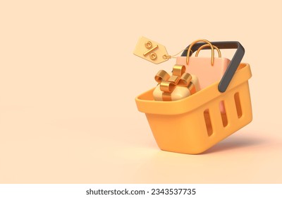 3d gift box, shopping bag, basket. illustration for advertising banner or poster design for autumn sale. copy space. soft pastel colors. 3d rendering - Powered by Shutterstock