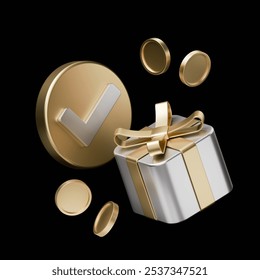 3D Gift Icon with Gold Check Mark - Reward and Approval Symbol for Business and Loyalty Programs - Powered by Shutterstock