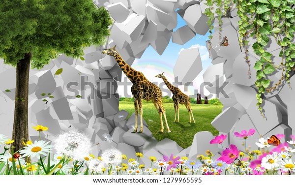 3D Giraffe Wall background 