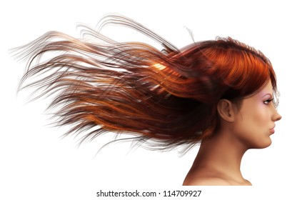 3d Girl With Brown  Hair Blowing In The Wind.