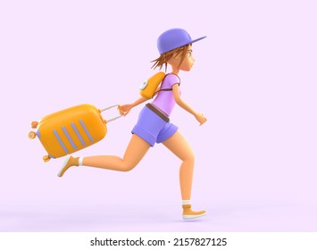 3D Girl Tourist With Suitcase Running Fast In Hurry To Be On Time. Cartoon Illustration Of Young Woman Traveler Late For Bus, Train Or Plane. Passenger Miss For Flight On Pink Background, 3d Render