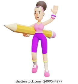 3D Girl Yoga Studio. Cartoon Character Holding a Giant Pencil and Waving. Cartoon Character - Powered by Shutterstock