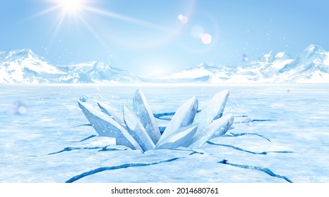 3d glacier scene design with cracked and exploded ice. Blank background suitable for displaying icy product.