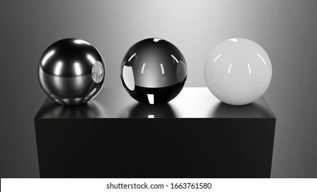 3d glass, chrome and plastic spheres on black plastic pedestal, 3d illustration