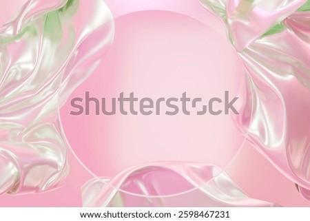  3D glass empty circle on pink background with abstract neon ribbons. Spring advertising template for products. Cosmetic mockup, copy space. Place for text.