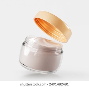 3d glass jar with cream, cosmetic transparent container mock up isolated render icon. Realistic open clear package with beige lid and white beauty skincare product, serum or lotion. 3D Illustration