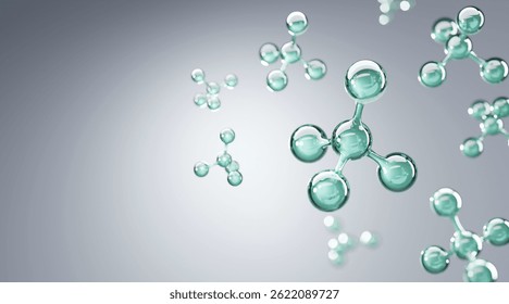 3D glass molecule structure representing active ingredients in skincare or haircare formulas, highlighting innovation, hydration, and scientific beauty.