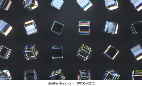 3d glass rotating cubes with dispersion effect. Dark background. Trendy iridescent colors. 3d rendering illustration.