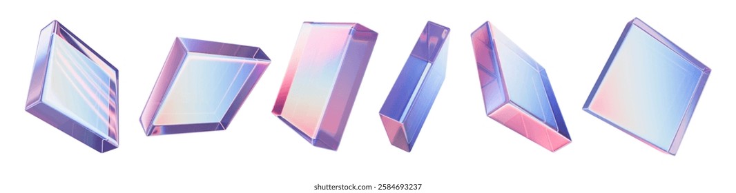 3D glass square shape set, transparent gradient geometric figure, purple plastic rectangle ice plate. Acrylic futuristic tile angles, flying holographic design object collection. 3D square block icon 