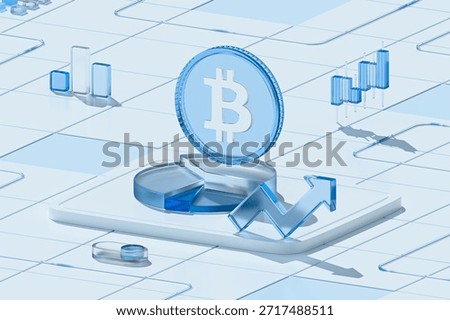 3D glassmorphism isometric render of a Bitcoin coin, pie chart, and rising arrow representing cryptocurrency market growth.