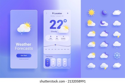 3d Glassmorphism Weather Forecast App Template. Mobile Interface Template. Weather Icons Set Isolated On Blue Background.