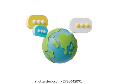 3d globe chat bubbles icon. global communication concept. minimal cartoon message bubble social media for website app. isolated on white transparent background. 3d render.