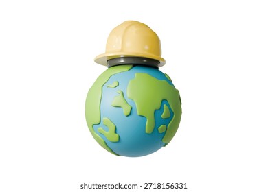 3d globe with hard hat icon. global construction concept. minimal cartoon world planet helmet for web design. isolated on white transparent background. 3d render.