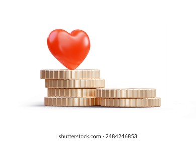 3d glossy heart on a stack of coins isolated on white background. Humanitarian assistance, philanthropy, charity and donation concept. Financial support. 3d rendered illustration. 3D Illustration - Powered by Shutterstock