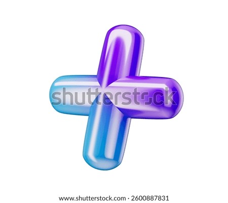 3d Glossy plus sign in a gradient of blue and purple, with a smooth rounded edges. 3D Illustration