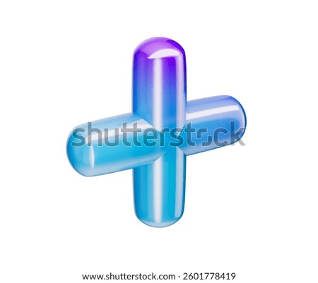 3d Glossy plus sign in a gradient of blue and purple, with a smooth rounded edges. 3D Illustration