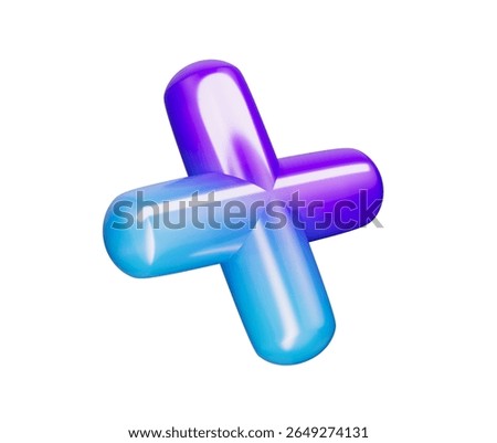 3d Glossy plus sign in a gradient of blue and purple, with a smooth rounded edges. 3D Illustration