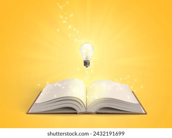 3D glowing light bulb with magic light sparkle particles and shiny light rays over an open book on orange background.