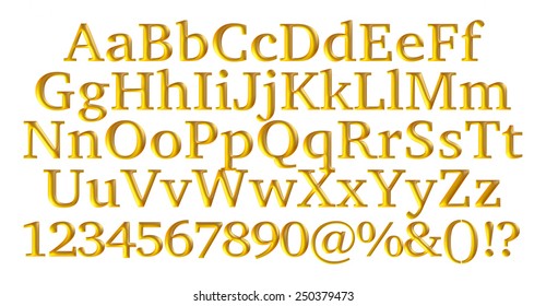 3D Gold Alphabet Letters And Digits On White Background