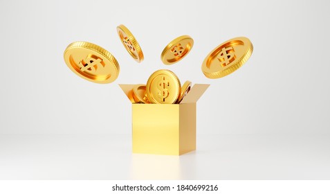 3d gold bank. 3d rendering for jackpot winner, casino poker and budget concept. Dollar cash money box symbol. Surprise inside open box isolated on white background abstract with golden coins.