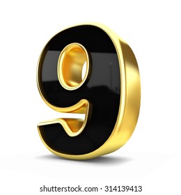 3d Gold And Black Metal Number 9 Isolated White Background