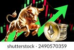 3D Gold bull, throwing up Ethereum Coin (ETH) cryptocurrency golden coin up the trend. Bullish Ethereum Coin (ETH) chart 3D