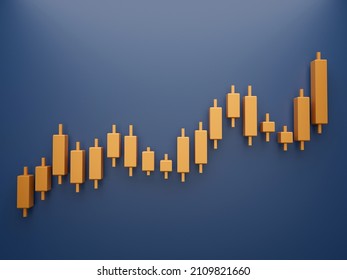 3D Gold Candle Stick Chart Isolated On Blue Background, Financial And Stock Markets, Minimal Concept Trading Crypto Currency, Investment Trading, Exchange, Forex, Financial, Index, Bullish.