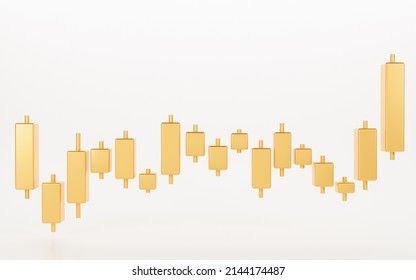 3D Gold Candle Stick Chart Isolated On White Background, Financial And Stock Markets, Minimal Concept Trading Crypto Currency, Investment Trading, Exchange, Forex, Financial, Index, Bullish.