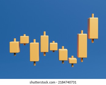 3D Gold Candle Stick Chart Isolated On Blue Background, Financial And Stock Markets, Minimal Concept Trading Crypto Currency, Investment Trading, Exchange, Forex, Financial, Index, Bullish.
