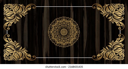 3d Gold Carving Decoration Center Mandala.Wooden Base Background