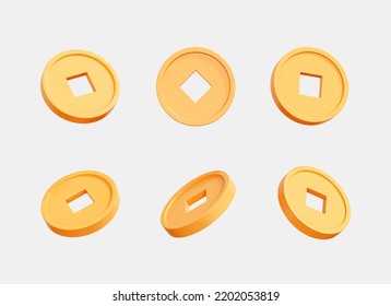 3D Gold Chinese Coin Set At Different Rotation Angles. Ancient Chinese Money. Golden Asian Coins With Hole. All Rotation View. Cartoon Creative Design Icon Isolated On White Background. 3D Rendering