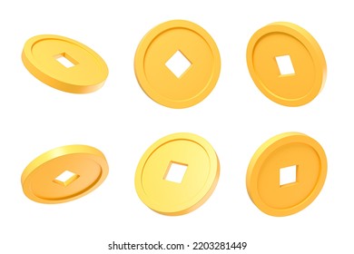 3D Gold Chinese Coin Set At Different Rotation Angles. Ancient Chinese Money. Golden Asian Coins With Hole. All Rotation View. Cartoon Creative Design Icon Isolated On White Background. 3D Rendering