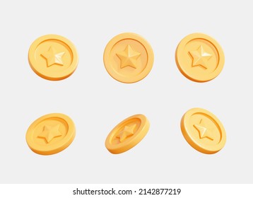 3D Gold coin set at different rotation angles. Creative design icon for game and animation isolated on white background. All rotation view. Realistic coin with star. Cartoon collection. 3D Rendering